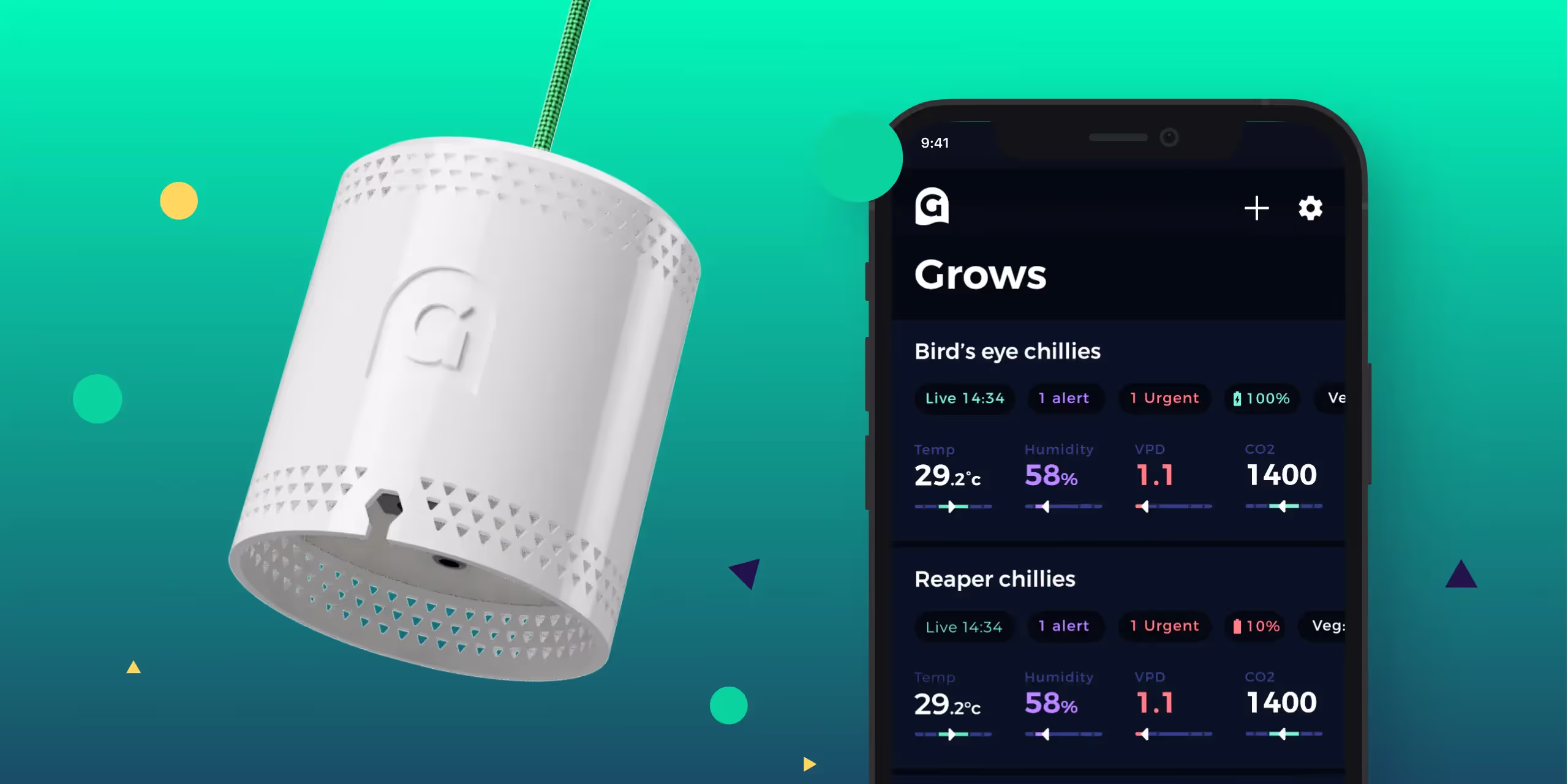 The Grow Sensor best temp and humidity monitor in front of the Grow app on an iPhone