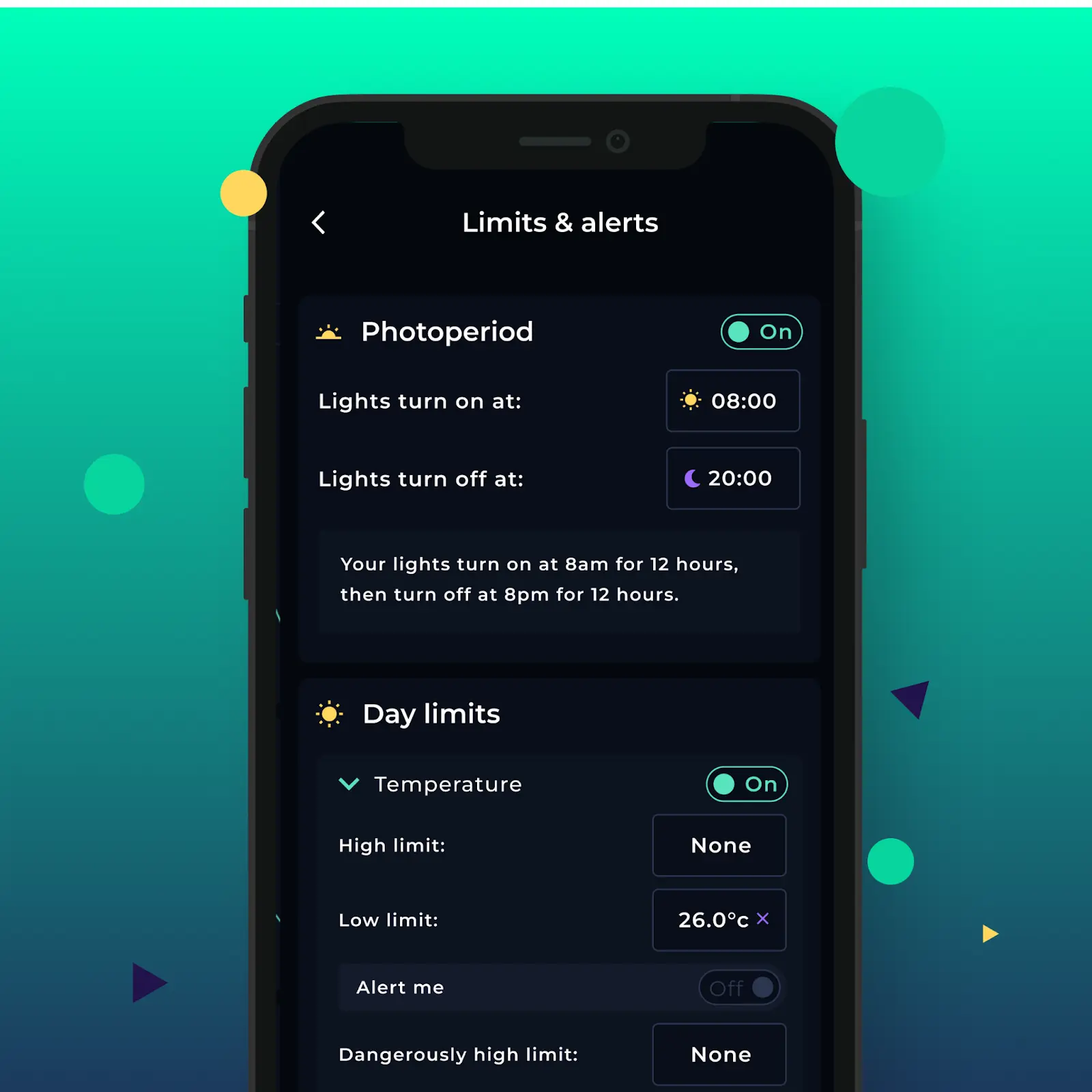 The Grow sensor app showing how you set temperature and humidity limits and alerts.