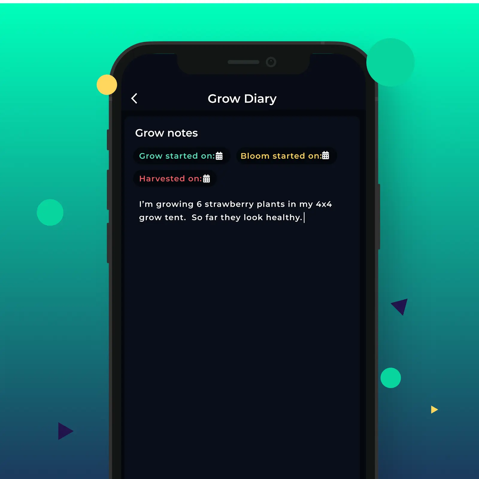 The Grow Sensor app showing the Grow Diary feature for crop registration