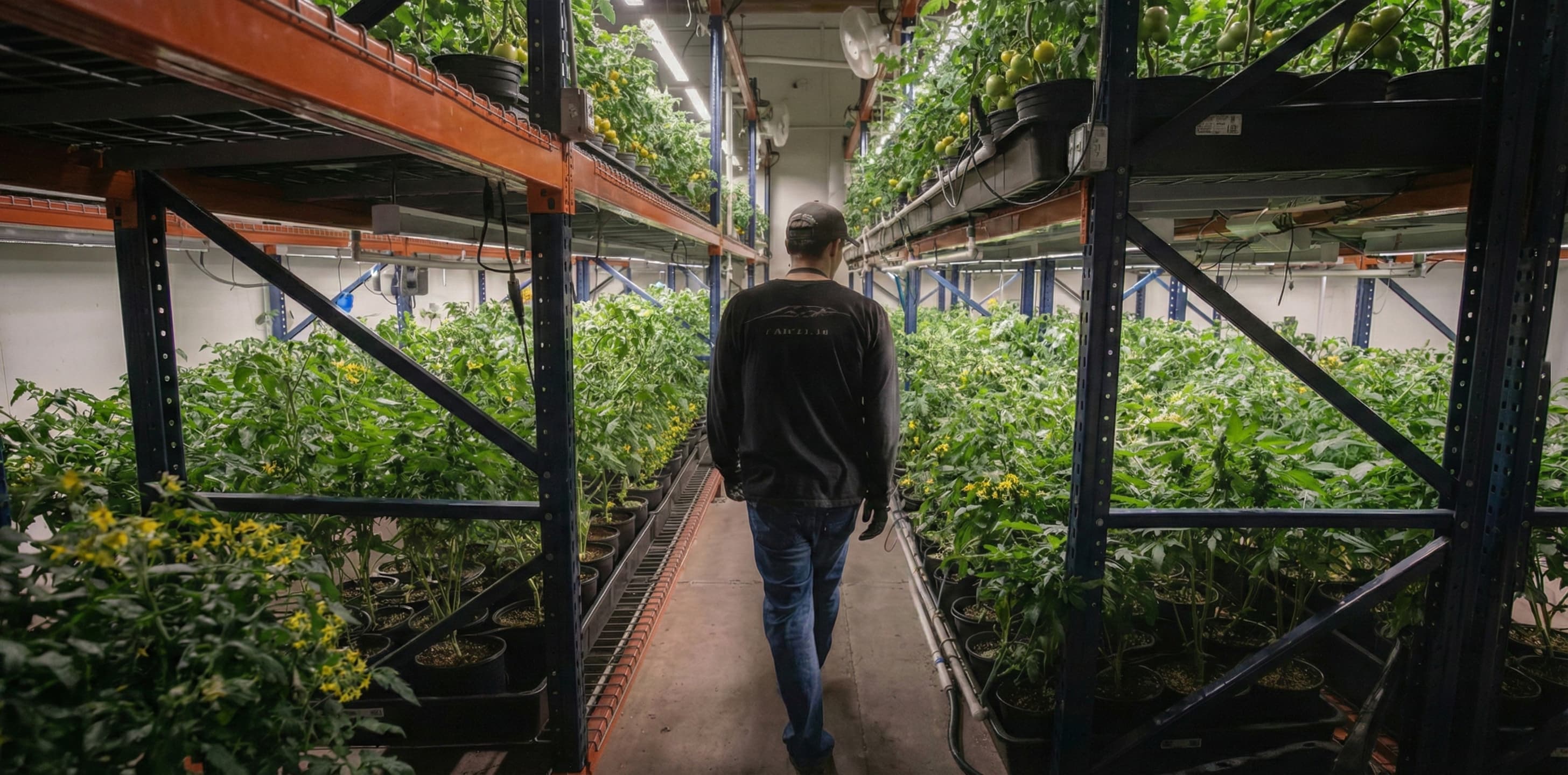 Indoor grower walking through his vertical farming setup that is providing CO2 in flowering stage