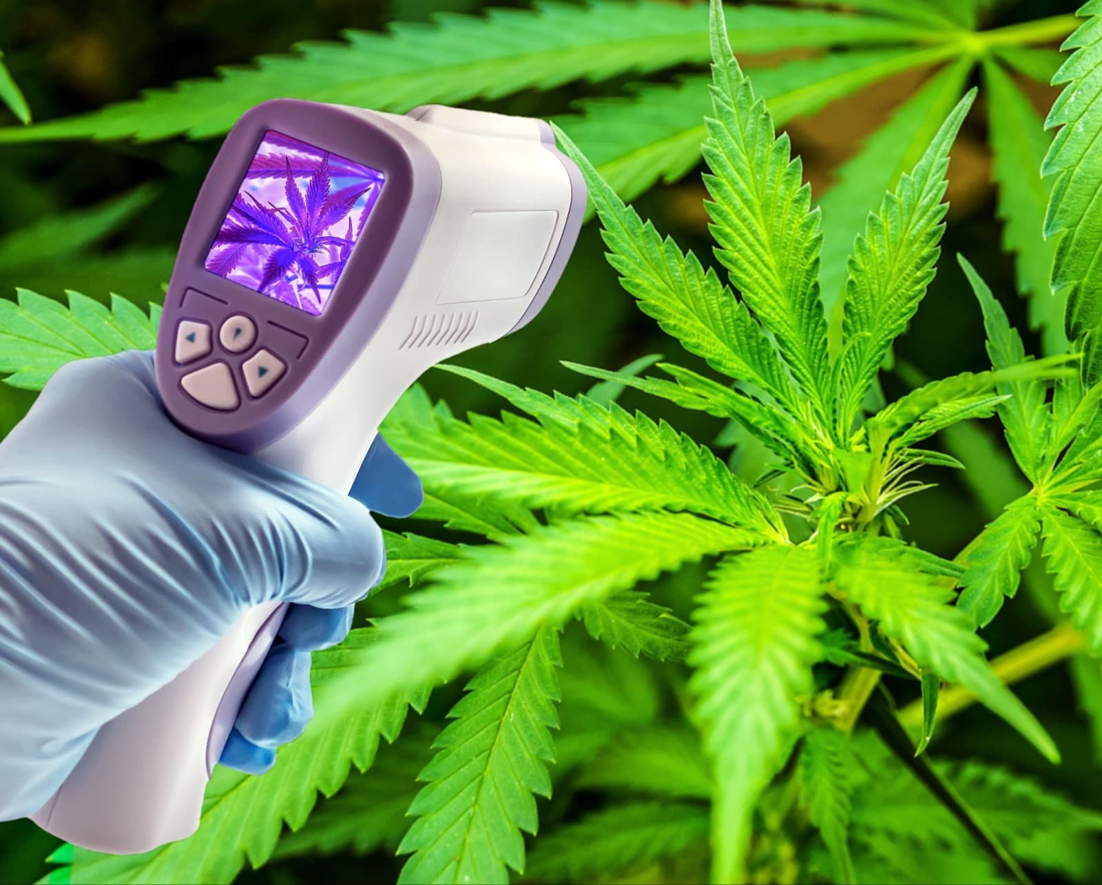 Gloved hand of a grower checking the temperature of his plants with an IR thermometer gun