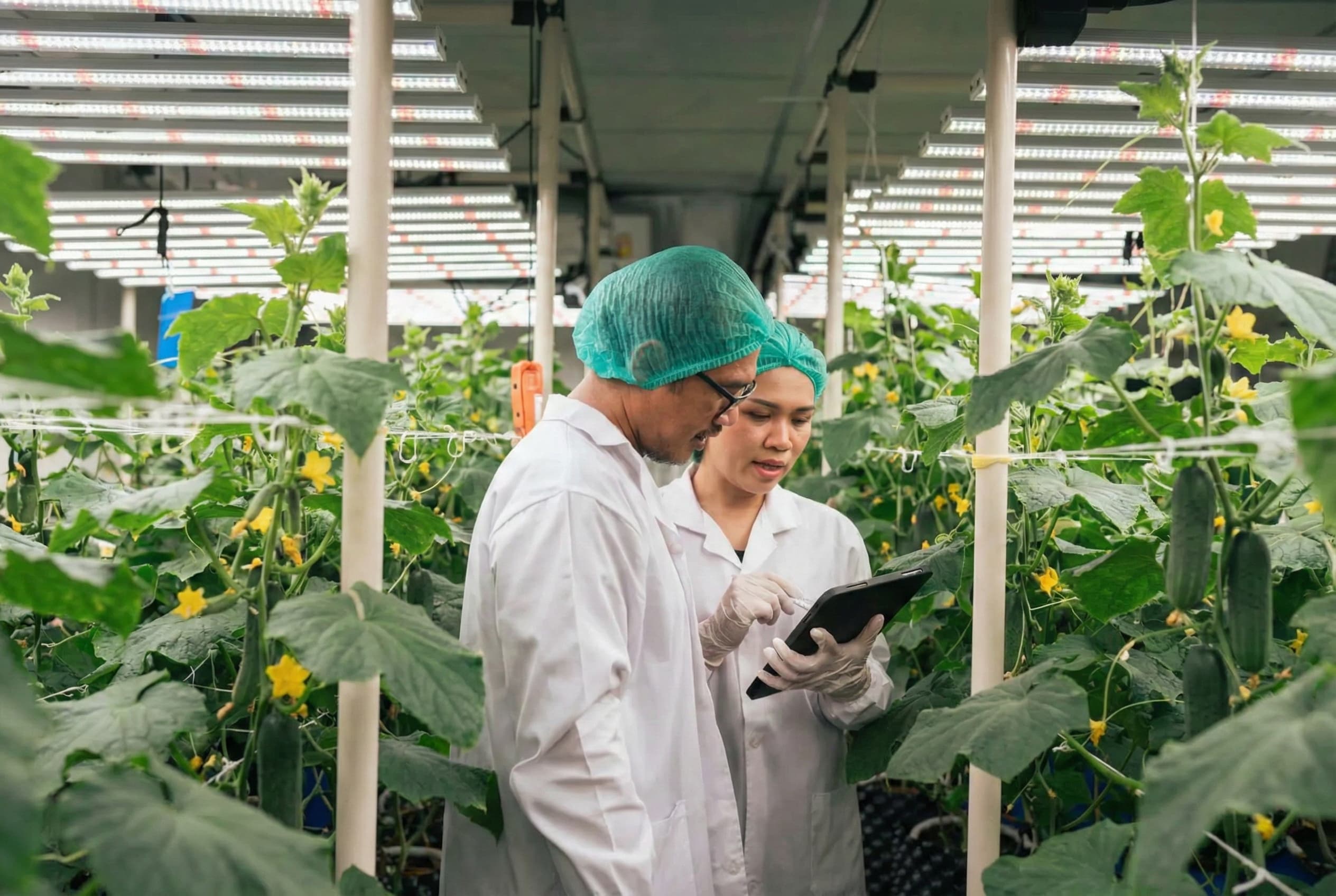 Man recording cucumber plant data