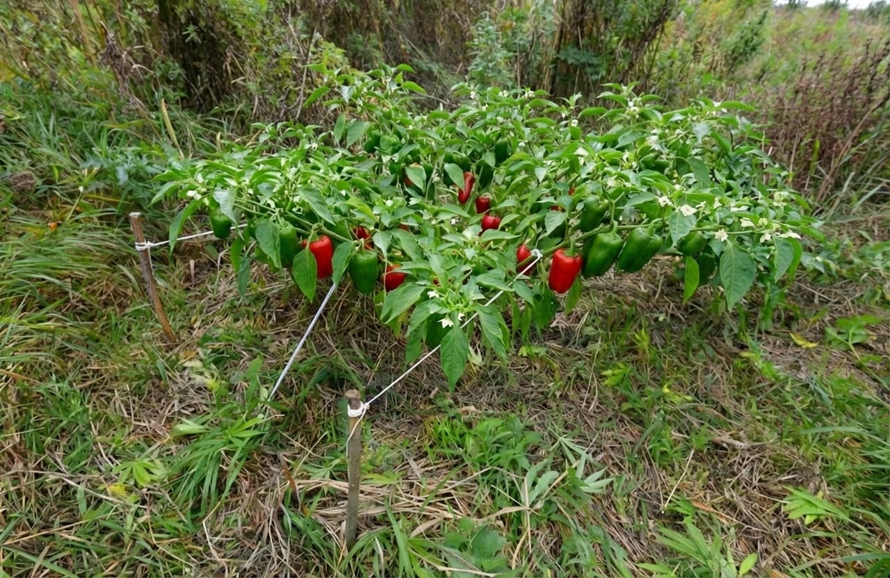 A flowering pepper plant that has had low stress training.