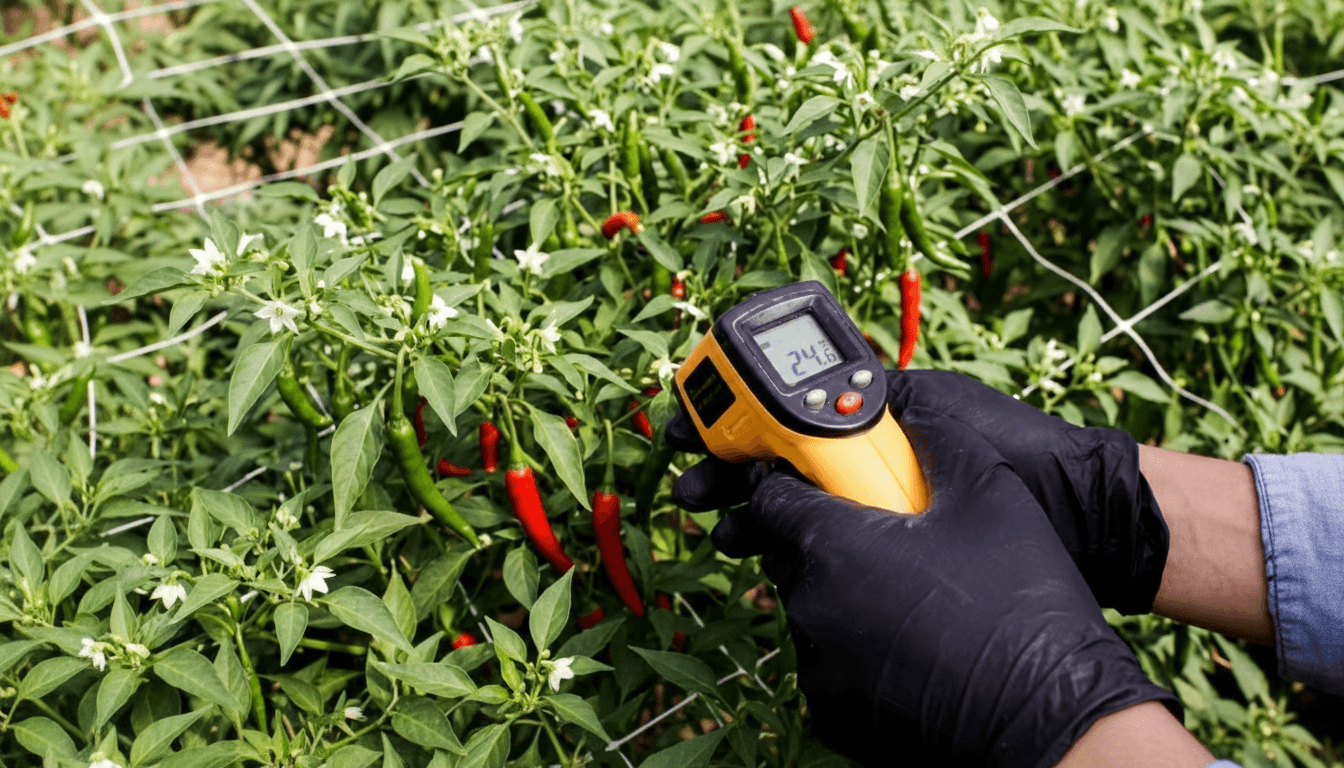 An IR heat gun measuring the temperature of a pepper leaf.