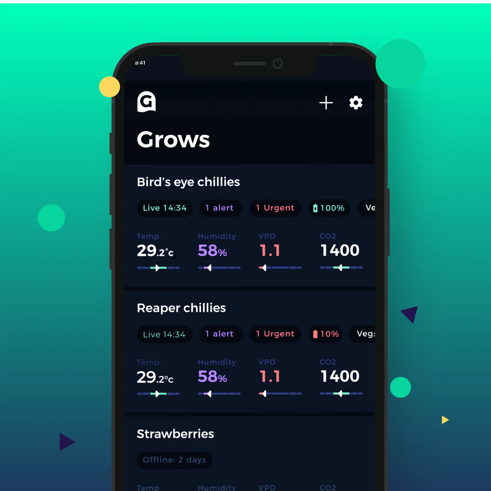 The dashboard of the Grow Sensor app.