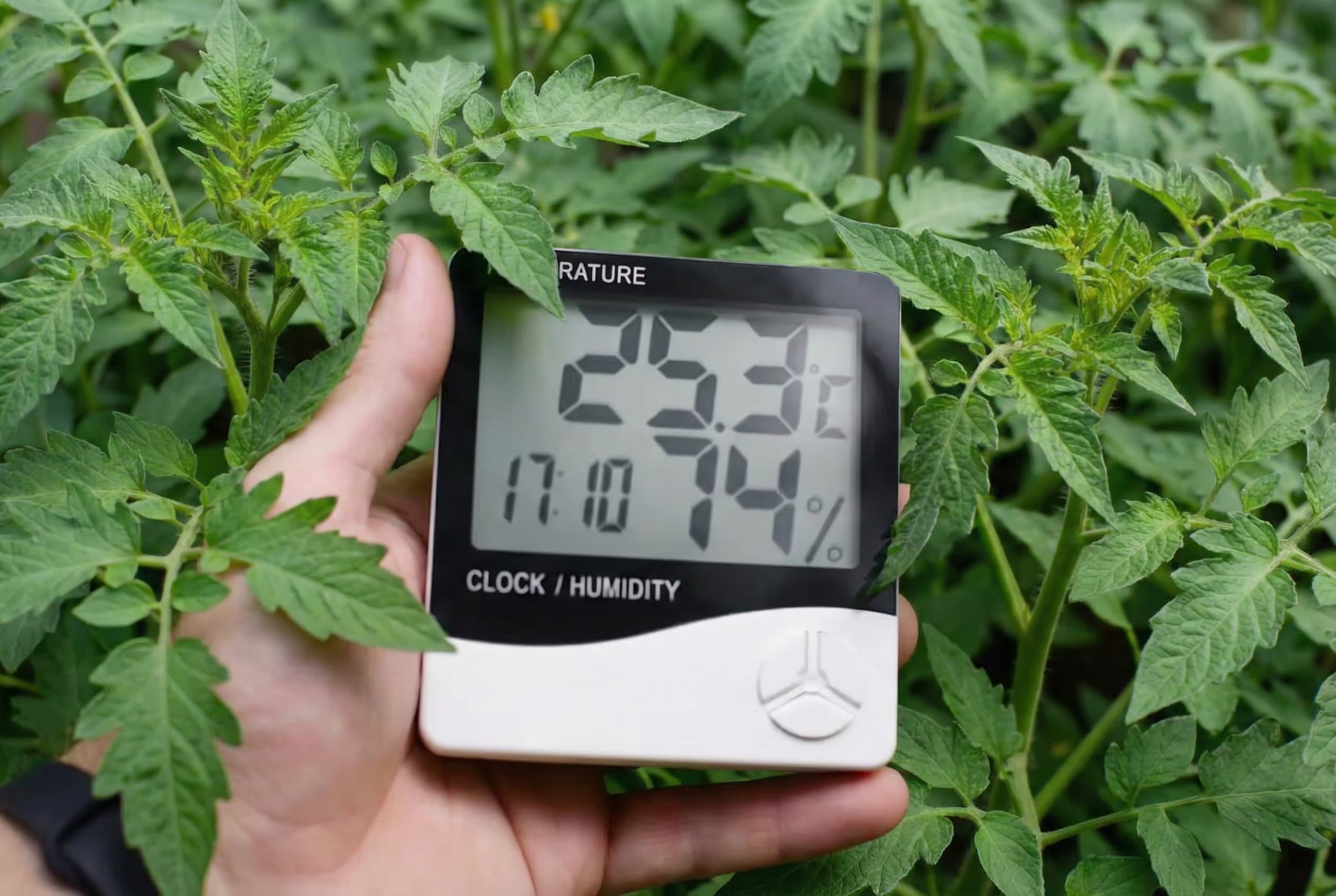 A digital hydrometer showing the VPD in an indoor tomato grow room.