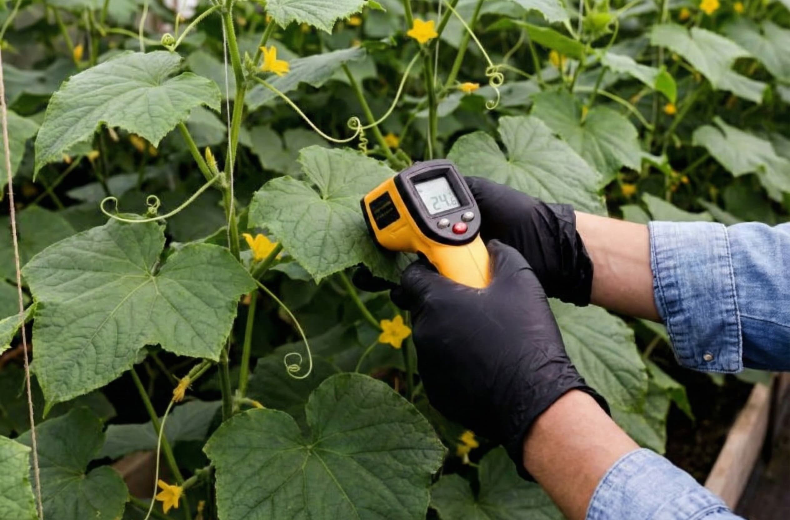 A grower using an inferred heat gun to measure the VPD of his cucumber plants.
