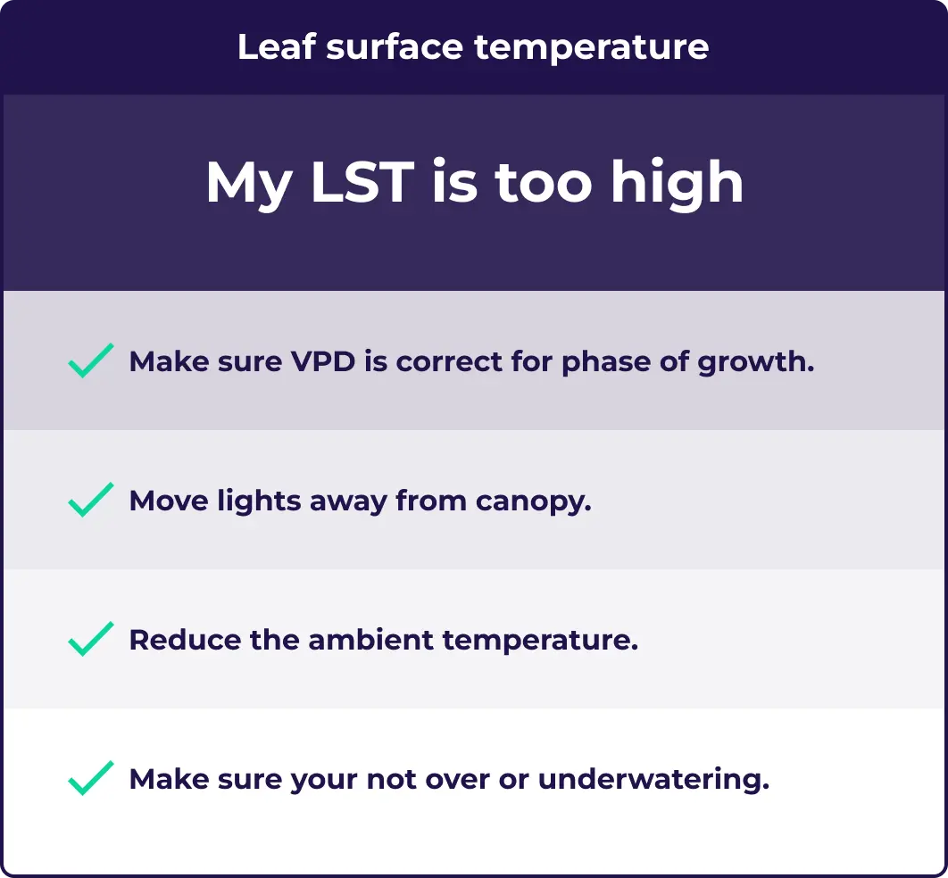 An illustration showing how to fix your leaf surface temperature if it's to high when growing cannabis.